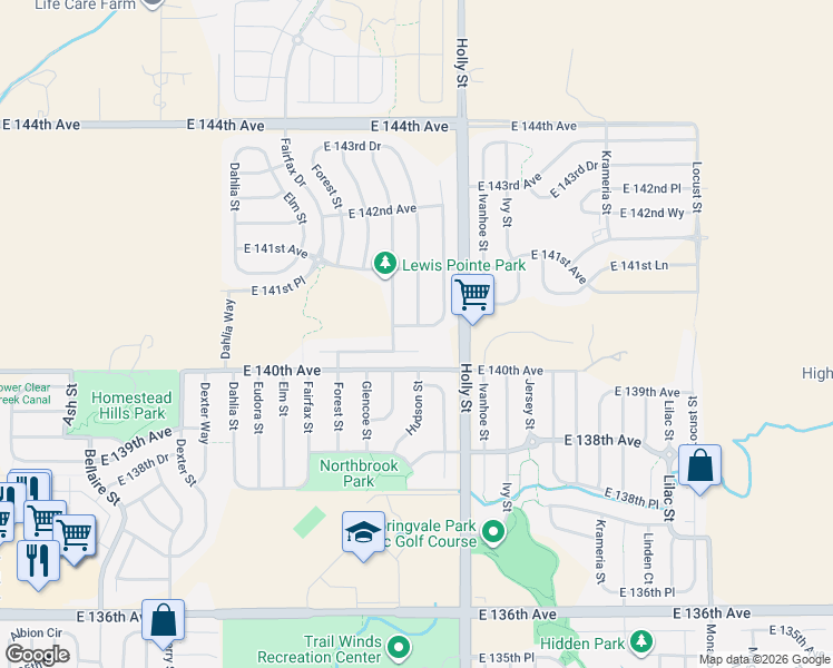 map of restaurants, bars, coffee shops, grocery stores, and more near 5493 East 140th Place in Thornton