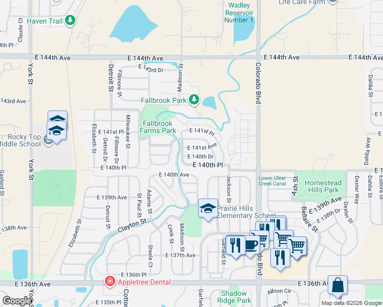 map of restaurants, bars, coffee shops, grocery stores, and more near 3522 East 140th Drive in Thornton