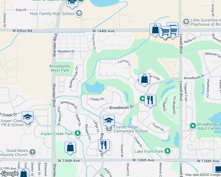 map of restaurants, bars, coffee shops, grocery stores, and more near 14039 Crestone Circle in Broomfield