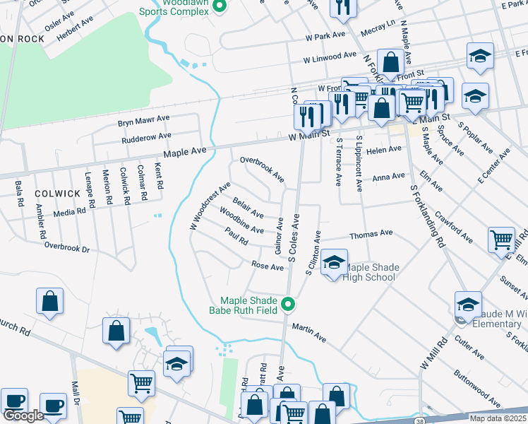 map of restaurants, bars, coffee shops, grocery stores, and more near 27 Belair Ave in Maple Shade