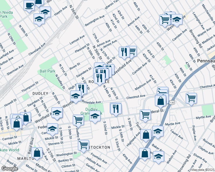 map of restaurants, bars, coffee shops, grocery stores, and more near 161 North 34th Street in Camden
