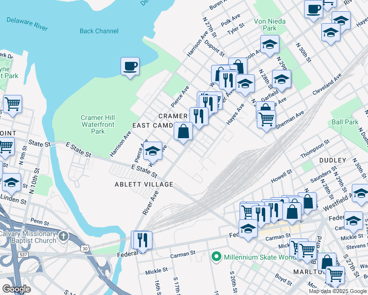 map of restaurants, bars, coffee shops, grocery stores, and more near 1817 River Avenue in Camden