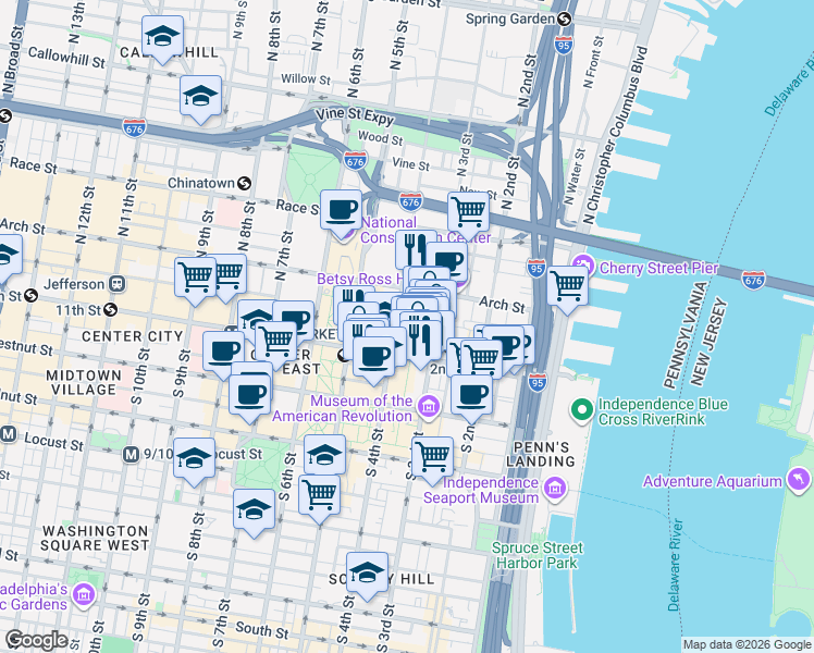 map of restaurants, bars, coffee shops, grocery stores, and more near 21 North 4th Street in Philadelphia