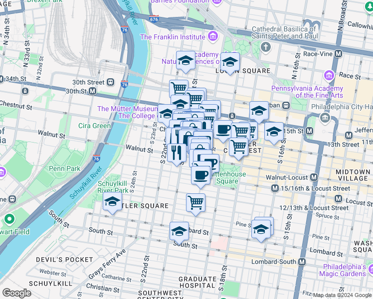 map of restaurants, bars, coffee shops, grocery stores, and more near in Philadelphia