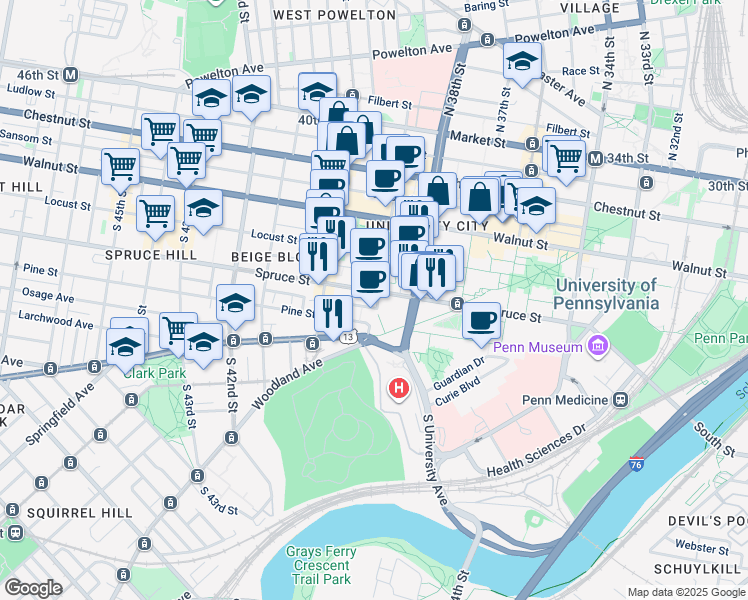 map of restaurants, bars, coffee shops, grocery stores, and more near 2310 Delancey Street in Philadelphia