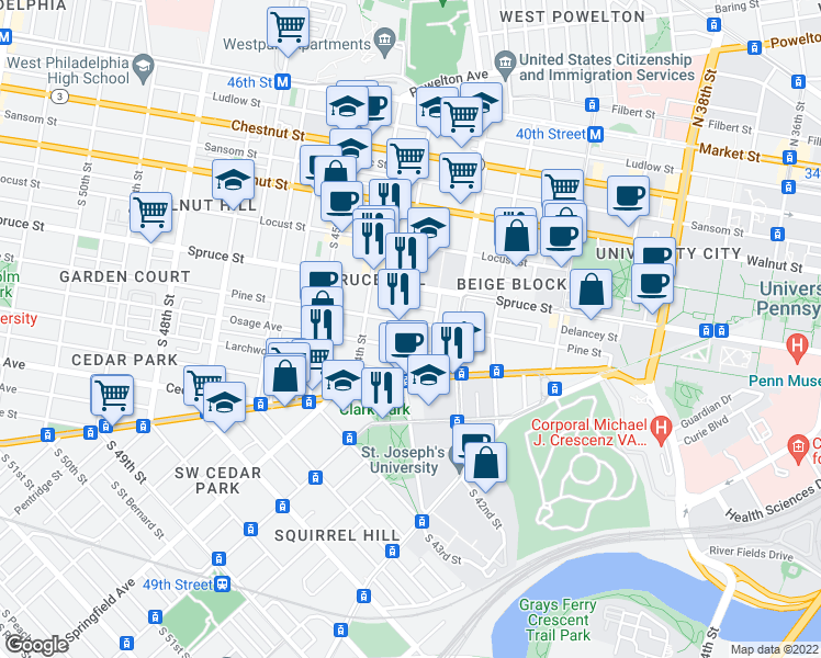 map of restaurants, bars, coffee shops, grocery stores, and more near 4226 Pine Street in Philadelphia