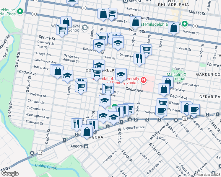 map of restaurants, bars, coffee shops, grocery stores, and more near 5611 Pemberton Street in Philadelphia