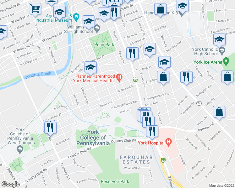 map of restaurants, bars, coffee shops, grocery stores, and more near 121 Butler Avenue in York