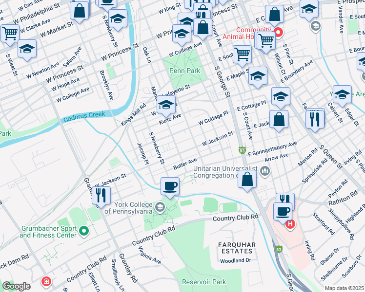 map of restaurants, bars, coffee shops, grocery stores, and more near 247 West Jackson Street in York