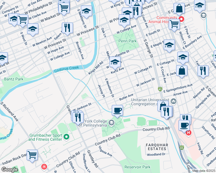 map of restaurants, bars, coffee shops, grocery stores, and more near 727 South Newberry Street in York