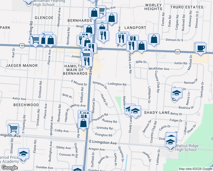 map of restaurants, bars, coffee shops, grocery stores, and more near 1181 Simpson Drive in Columbus