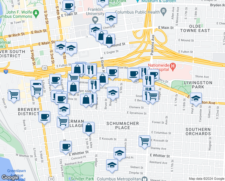 map of restaurants, bars, coffee shops, grocery stores, and more near 603 Lathrop Street in Columbus