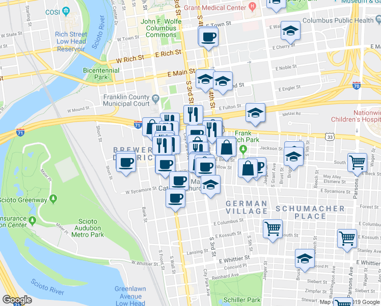 map of restaurants, bars, coffee shops, grocery stores, and more near 556 City Park Avenue in Columbus