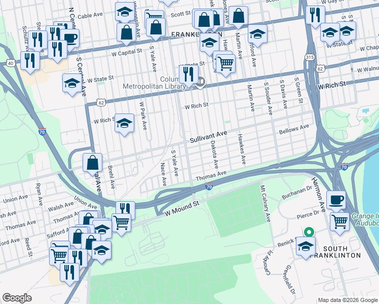map of restaurants, bars, coffee shops, grocery stores, and more near 1083 Bellows Avenue in Columbus