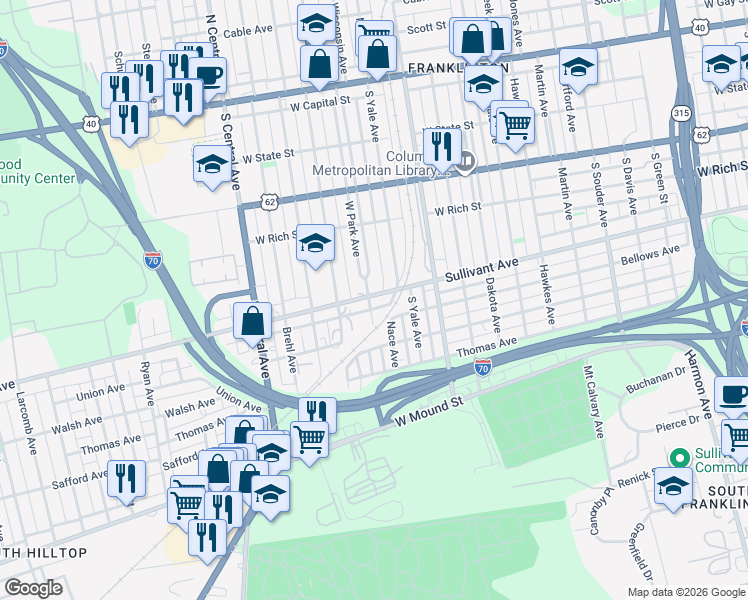 map of restaurants, bars, coffee shops, grocery stores, and more near 1203 Sullivant Avenue in Columbus