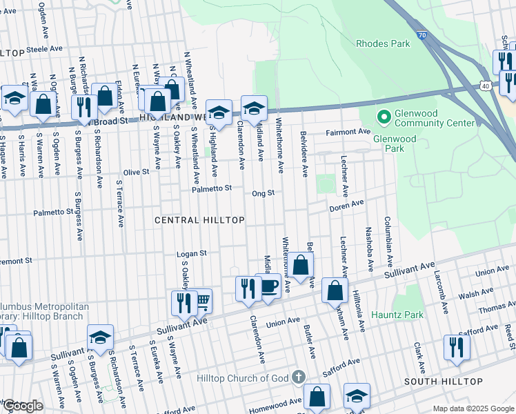 map of restaurants, bars, coffee shops, grocery stores, and more near 219 Midland Avenue in Columbus