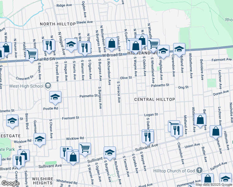map of restaurants, bars, coffee shops, grocery stores, and more near 203 South Terrace Avenue in Columbus