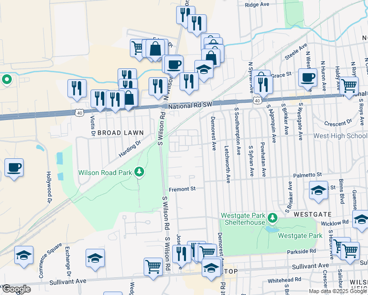 map of restaurants, bars, coffee shops, grocery stores, and more near 3474 Derrer Hollow Way in Columbus