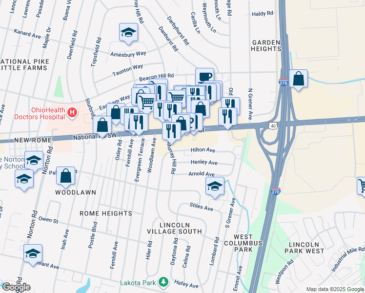 map of restaurants, bars, coffee shops, grocery stores, and more near 4786 Hilton Avenue in Columbus