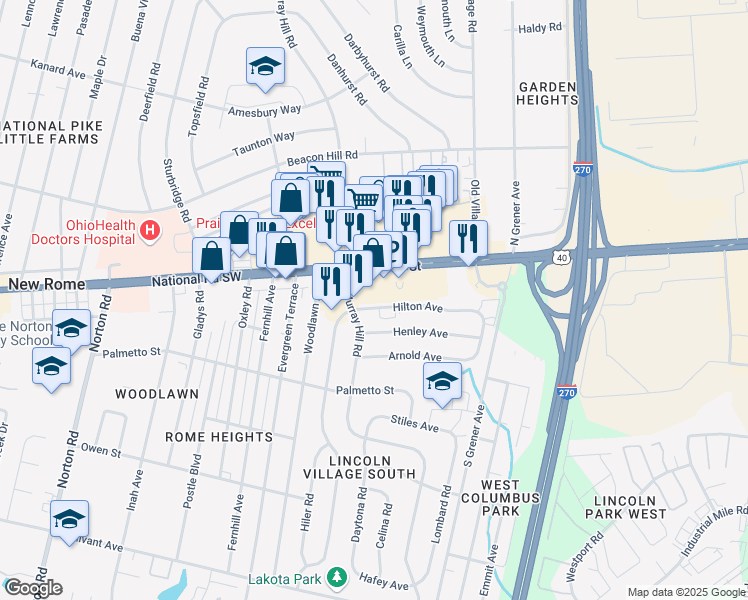 map of restaurants, bars, coffee shops, grocery stores, and more near 4764 Hilton Avenue in Columbus