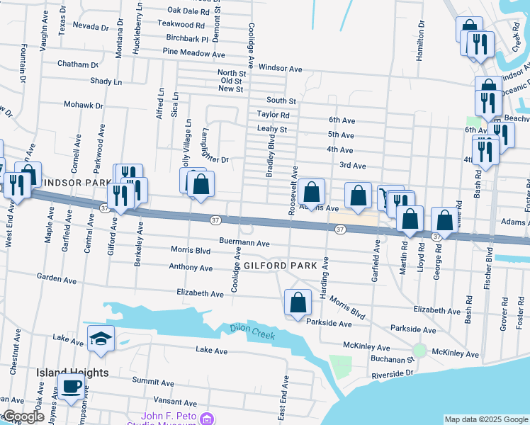 map of restaurants, bars, coffee shops, grocery stores, and more near 2122 New Jersey 37 in Toms River