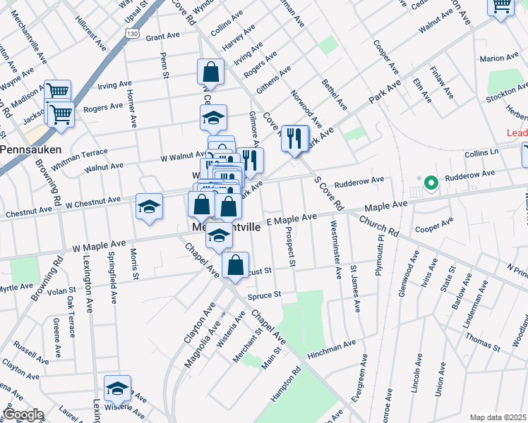map of restaurants, bars, coffee shops, grocery stores, and more near 2 Crump Lane in Merchantville