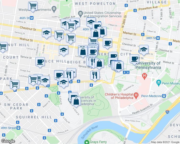 map of restaurants, bars, coffee shops, grocery stores, and more near 316 South 40th Street in Philadelphia