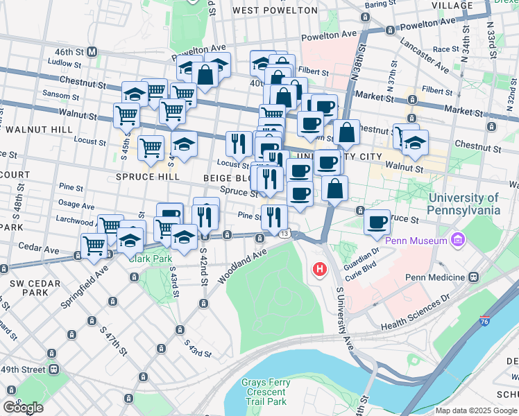 map of restaurants, bars, coffee shops, grocery stores, and more near 316 South 40th Street in Philadelphia