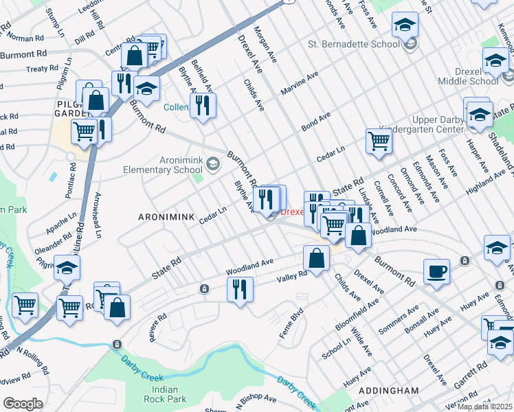 map of restaurants, bars, coffee shops, grocery stores, and more near 833 Blythe Avenue in Drexel Hill