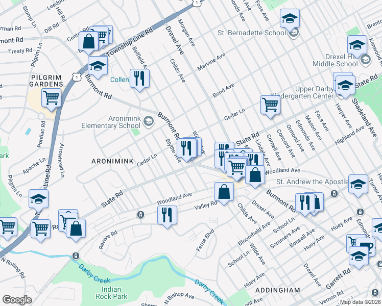 map of restaurants, bars, coffee shops, grocery stores, and more near in Drexel Hill