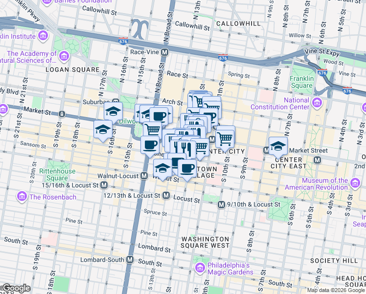 map of restaurants, bars, coffee shops, grocery stores, and more near 1212 Ludlow Street in Philadelphia