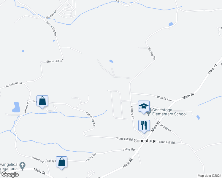 map of restaurants, bars, coffee shops, grocery stores, and more near 27 Orchard Lane in Conestoga