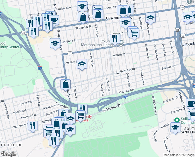 map of restaurants, bars, coffee shops, grocery stores, and more near 1203 Sullivant Avenue in Columbus