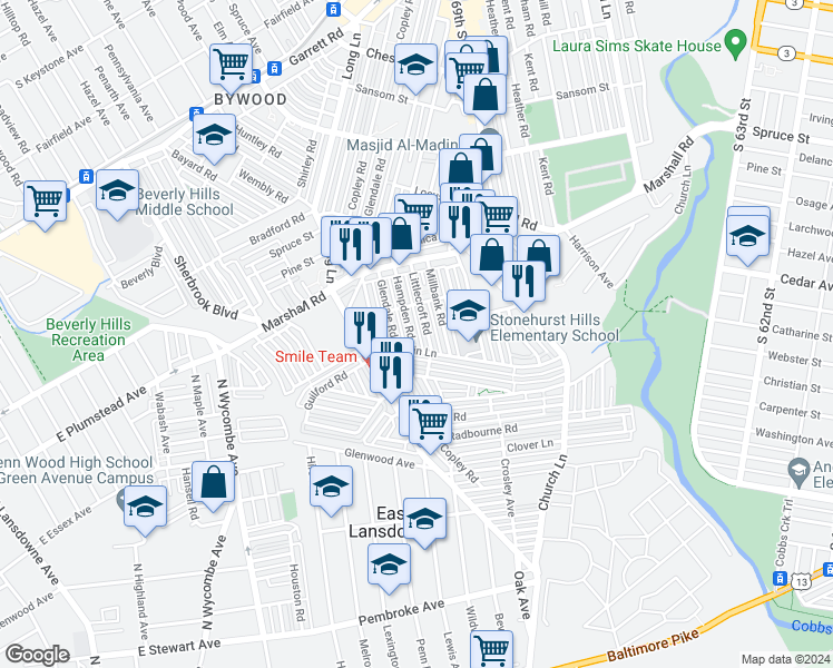 map of restaurants, bars, coffee shops, grocery stores, and more near 535 Hampden Road in Upper Darby