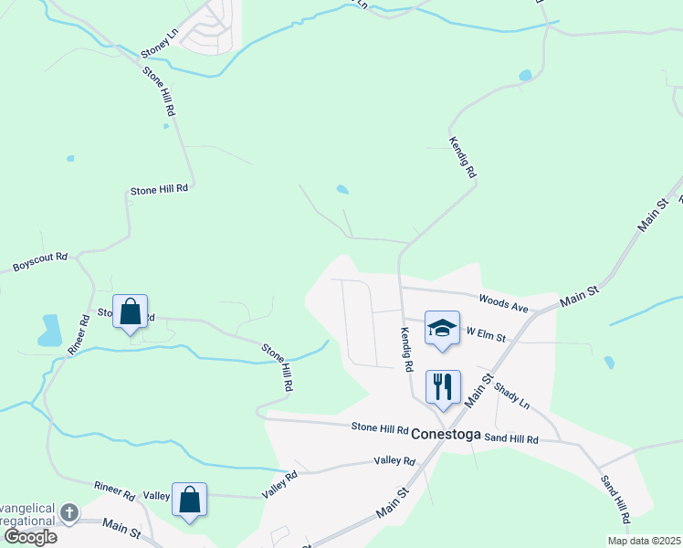 map of restaurants, bars, coffee shops, grocery stores, and more near 27 Orchard Lane in Conestoga