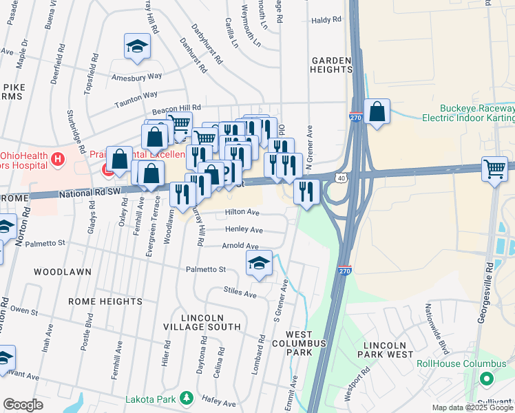 map of restaurants, bars, coffee shops, grocery stores, and more near 4660 Hilton Avenue in Columbus