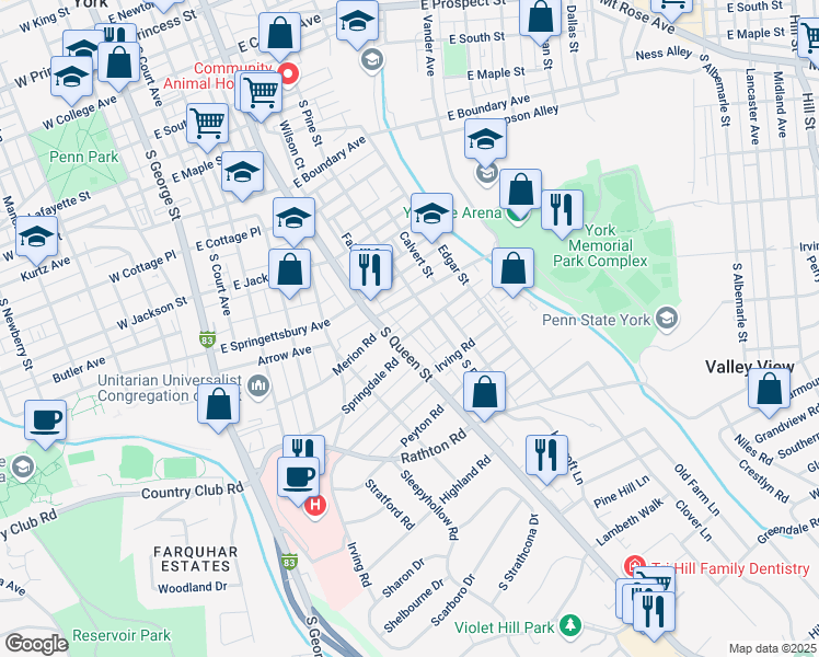map of restaurants, bars, coffee shops, grocery stores, and more near 225 Springdale Avenue in York