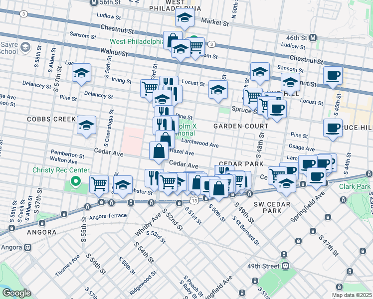 map of restaurants, bars, coffee shops, grocery stores, and more near 5103 Hazel Avenue in Philadelphia