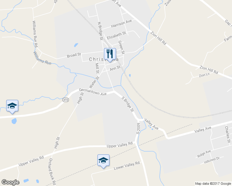 map of restaurants, bars, coffee shops, grocery stores, and more near 300 South Bridge Street in Christiana