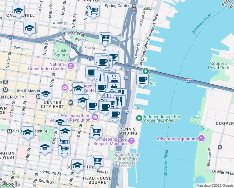 map of restaurants, bars, coffee shops, grocery stores, and more near 10 North Mascher Street in Philadelphia