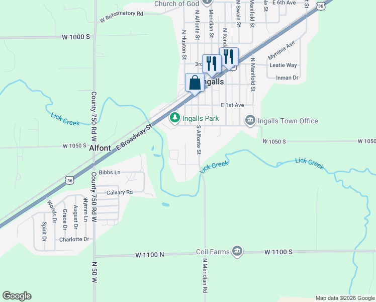 map of restaurants, bars, coffee shops, grocery stores, and more near 307 South Huston Street in Ingalls