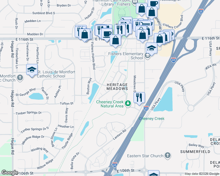 map of restaurants, bars, coffee shops, grocery stores, and more near 11174 Autumn Harvest Drive in Fishers