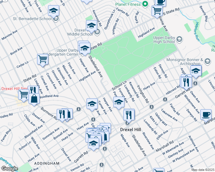 map of restaurants, bars, coffee shops, grocery stores, and more near 605 Villa Road in Drexel Hill