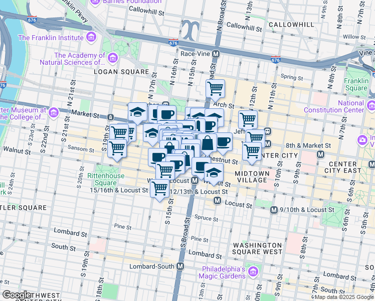 map of restaurants, bars, coffee shops, grocery stores, and more near 1439 Chestnut Street in Philadelphia
