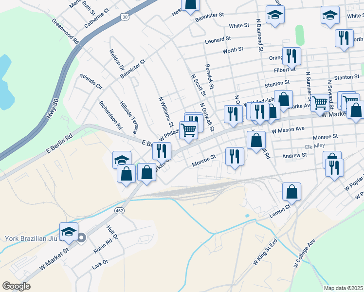 map of restaurants, bars, coffee shops, grocery stores, and more near 2399 West Market Street in York
