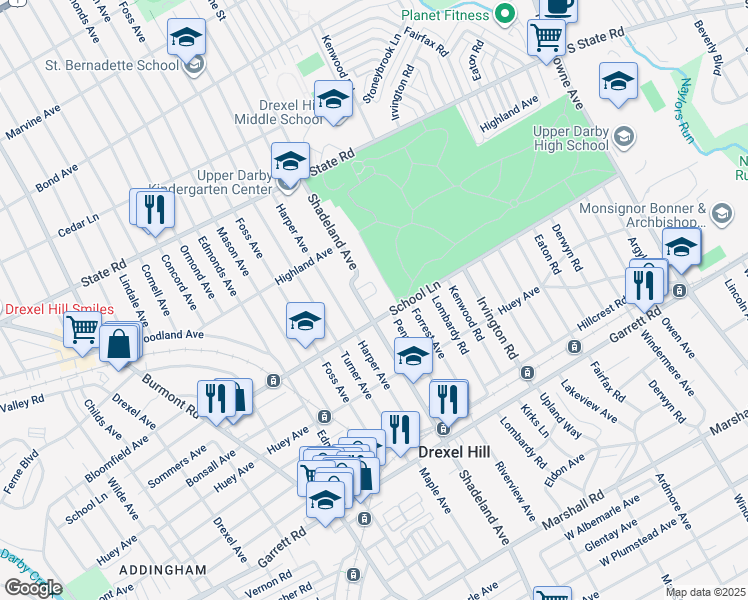 map of restaurants, bars, coffee shops, grocery stores, and more near 605 Villa Road in Drexel Hill