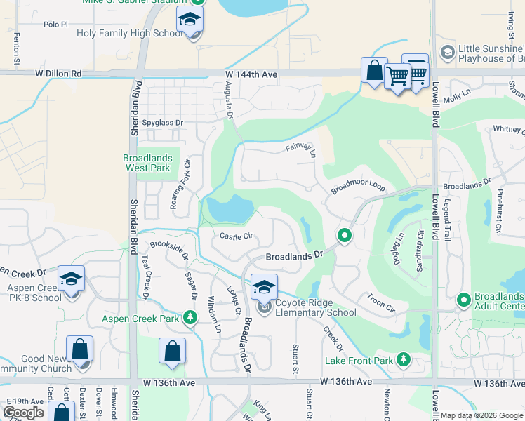 map of restaurants, bars, coffee shops, grocery stores, and more near 14039 Crestone Cir in Broomfield