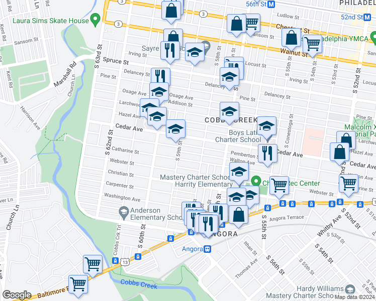 map of restaurants, bars, coffee shops, grocery stores, and more near 5843 Walton Avenue in Philadelphia