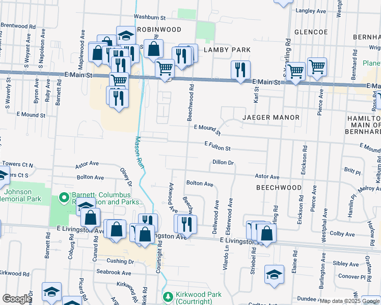 map of restaurants, bars, coffee shops, grocery stores, and more near 1076 Beechwood Road in Columbus