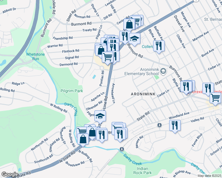map of restaurants, bars, coffee shops, grocery stores, and more near 5209 Arrowhead Lane in Drexel Hill